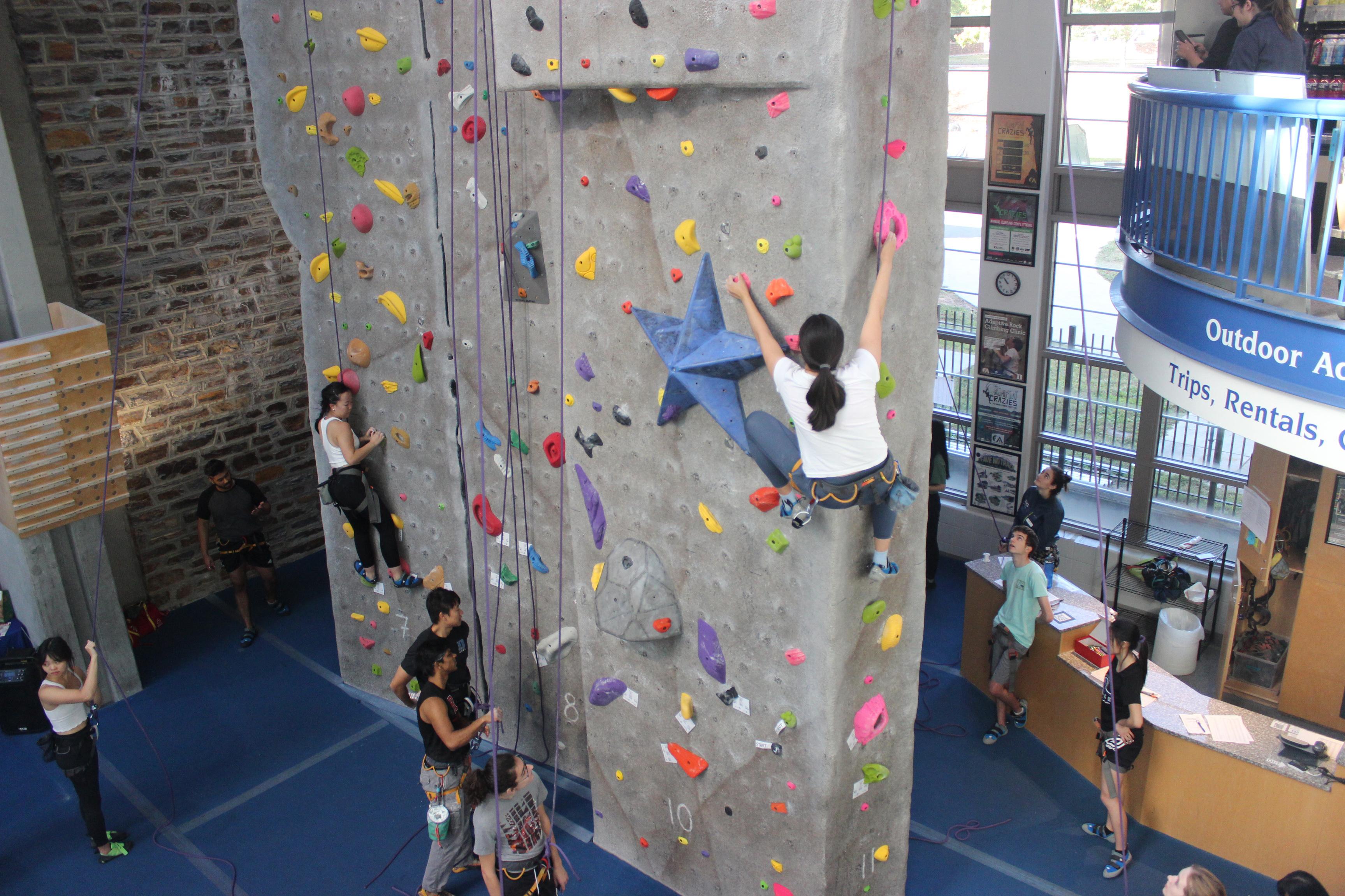 Participants climbing and belaying at the Wilson Climbing Wall